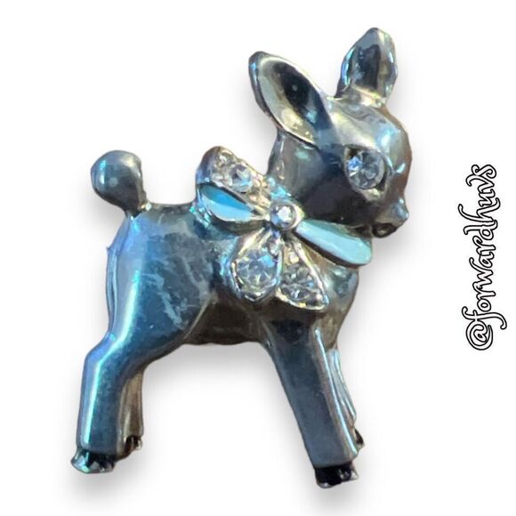 Small Deer Pin Brooch with Rhinestone Eyes & Blue Enamel Bow - Picture 3 of 10